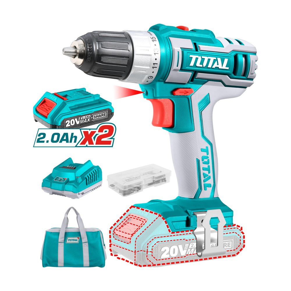 Taladro Inalámbrico 20v 10 Mm Litio Ion, 2 Baterías Y Cargador Total image number 0.0