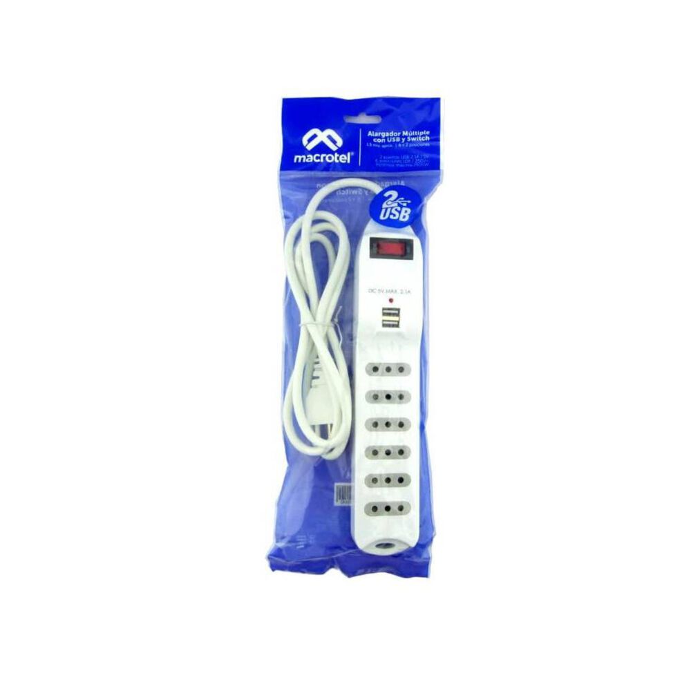 Zapatilla Alargador 1.5mt 6 Entradas 2 Usb Blanco image number 3.0