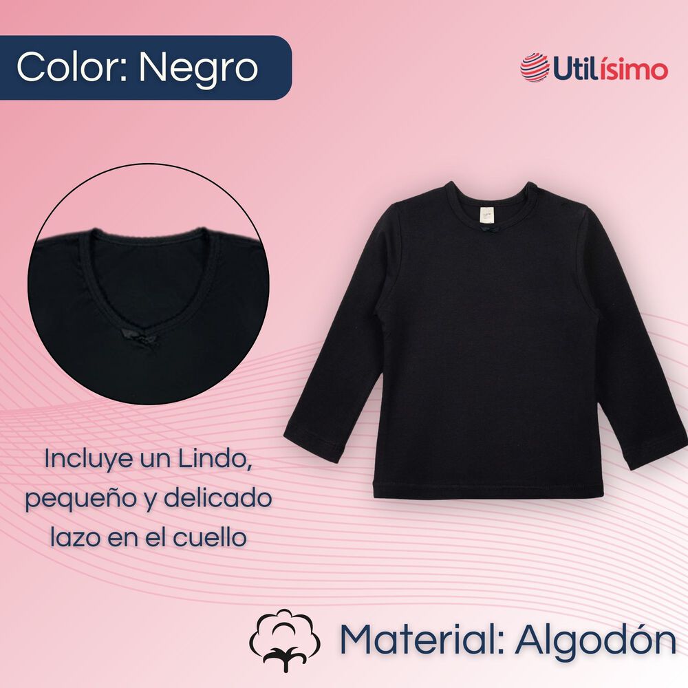 Pack 6 Camisetas Algod&oacute;n Manga Larga Polera Ni&ntilde;a Primera Capa Cuelloredondonegra image number 1.0