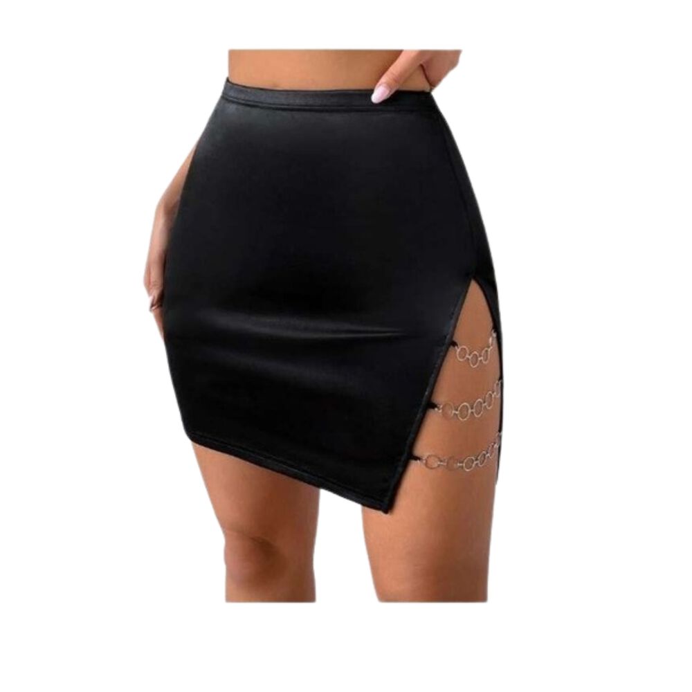 Falda Ecocuero Tiro Alto Abertura Cadena Fashion 2023 image number 0.0