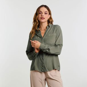 Blusa Lisa Abotonada Lyocell Manga Larga Cuello Camisero Mujer Kimera