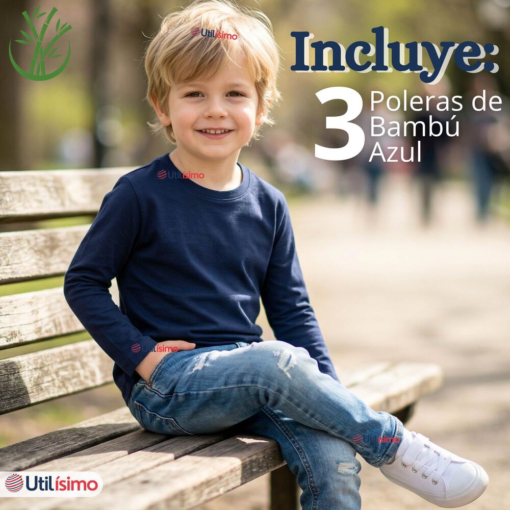 Pack 3 Poleras Camisetas Bamb&uacute; Azul Oscuro Cuello Redondo Primera Capa Manga Larga Ni&ntilde;o image number 1.0