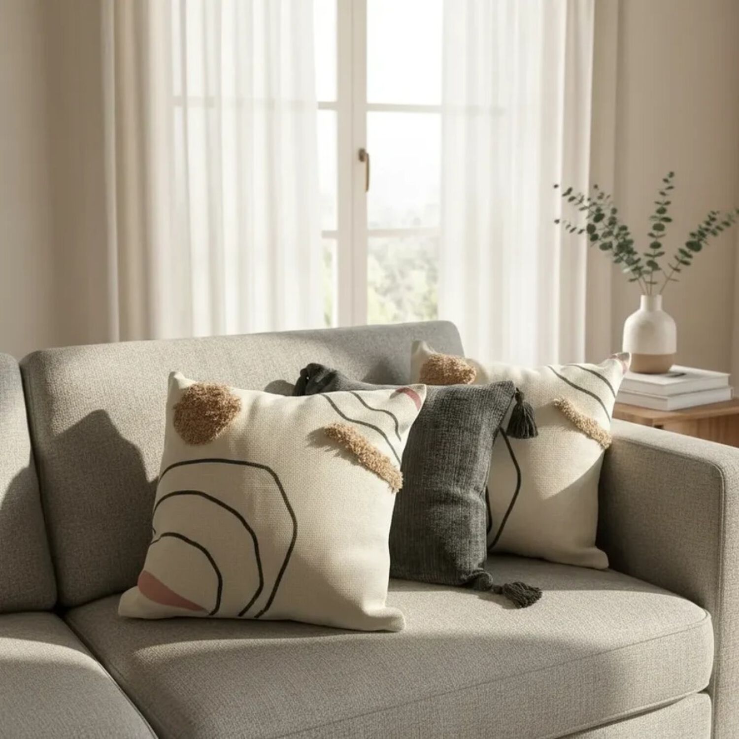 Set De 3 Cojines Decorativos Boho Abstracto Beige Y Gris image number 0.0