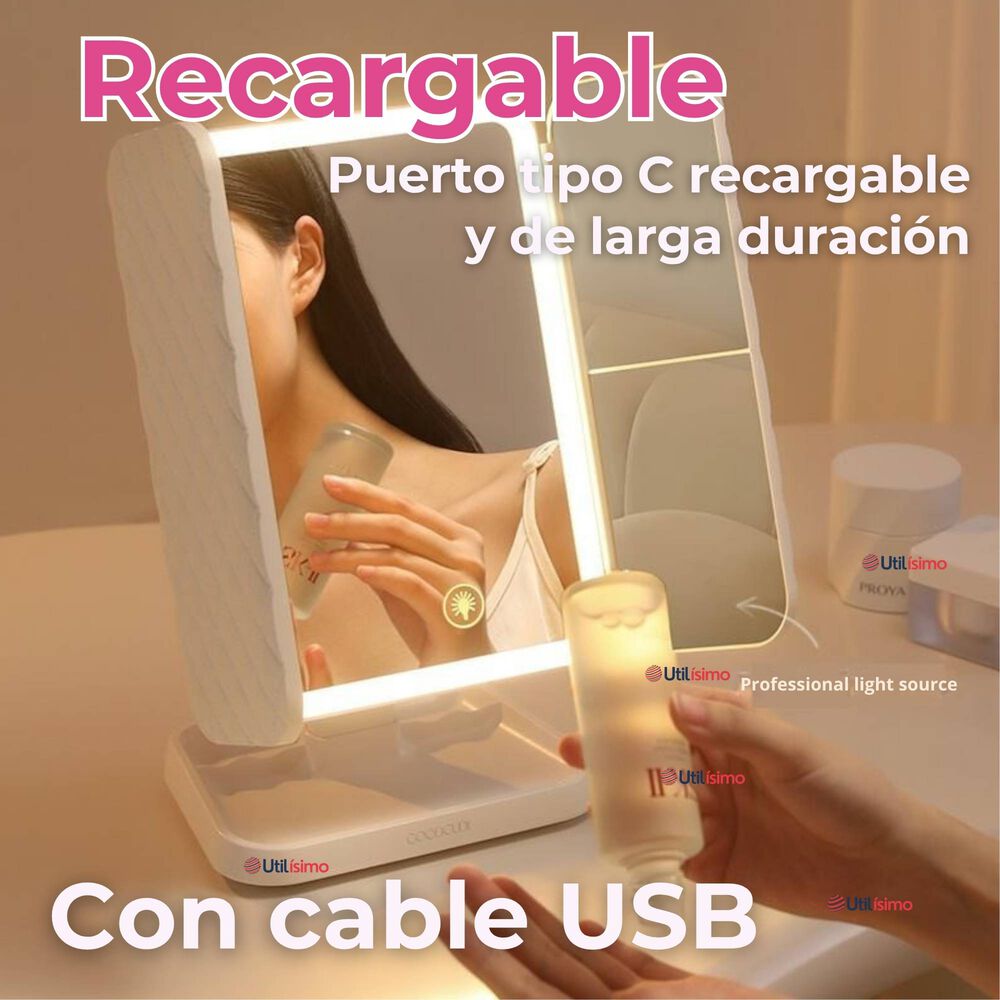Espejo De Maquillaje Tri Plegable Con Luces Led Recargable image number 3.0