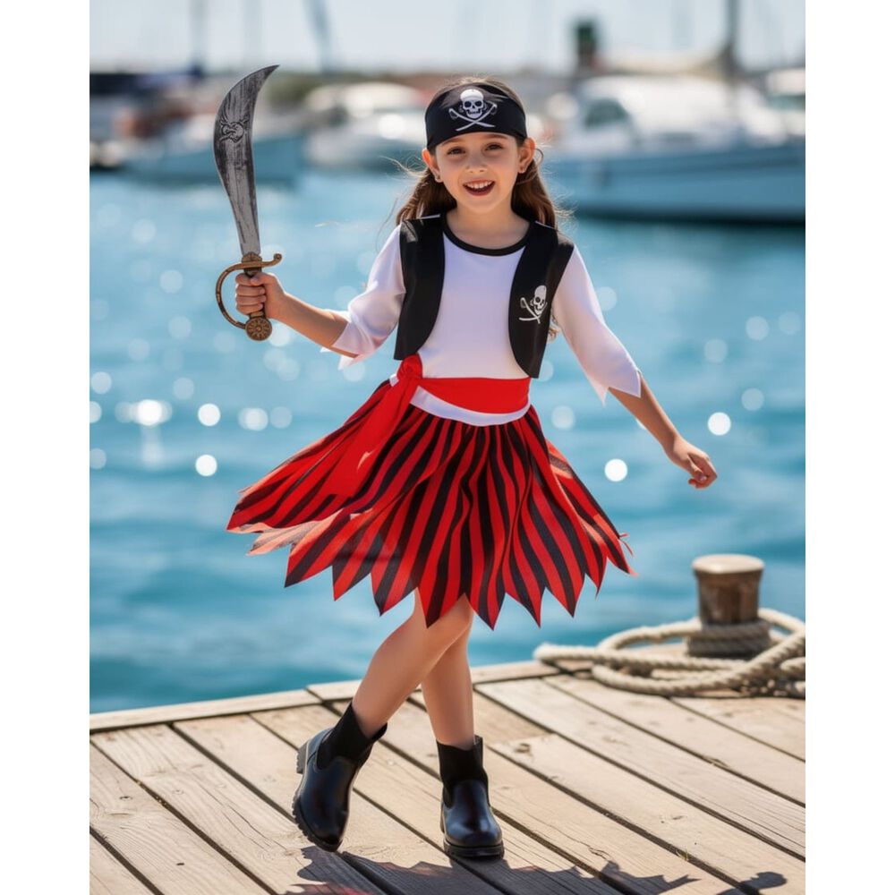 Disfraz Infantil Pirata Para Ni&ntilde;a Chile - Traje Completo Con Falda Roja, Blusa Blanca Y Chaleco Negro image number 5.0