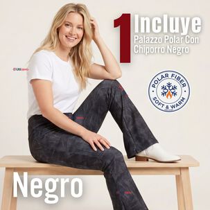 Pantal&oacute;n Polar Con Chiporro Palazzo Mujer Calza Elasticada T&eacute;rmica Negra