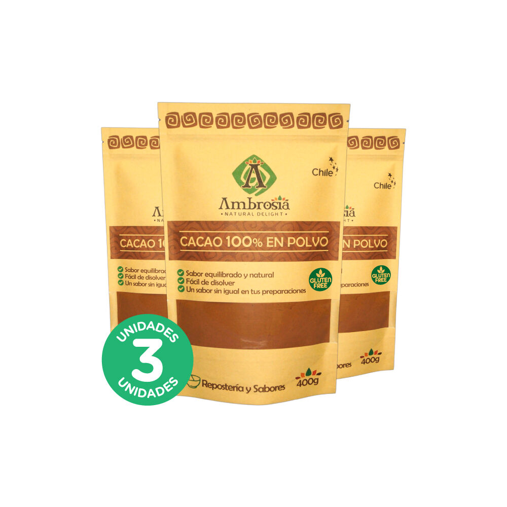 Pack 3, Cacao 100% En Polvo Libre De Gluten Para Preparaciones Keto 400gr image number 0.0