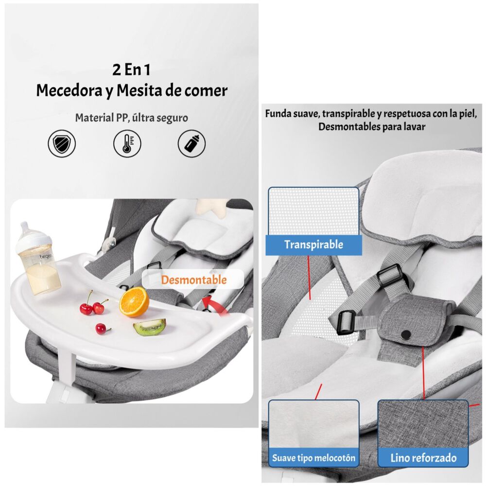 Mecedora El&eacute;ctrica 2 En 1 Bluetooth Yoya Gris Lubabycas image number 5.0
