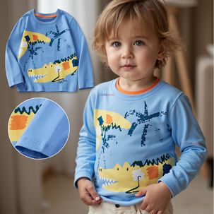 Polera Manga Larga Niño 100% Algodón Cocodrilo Azul Camiseta