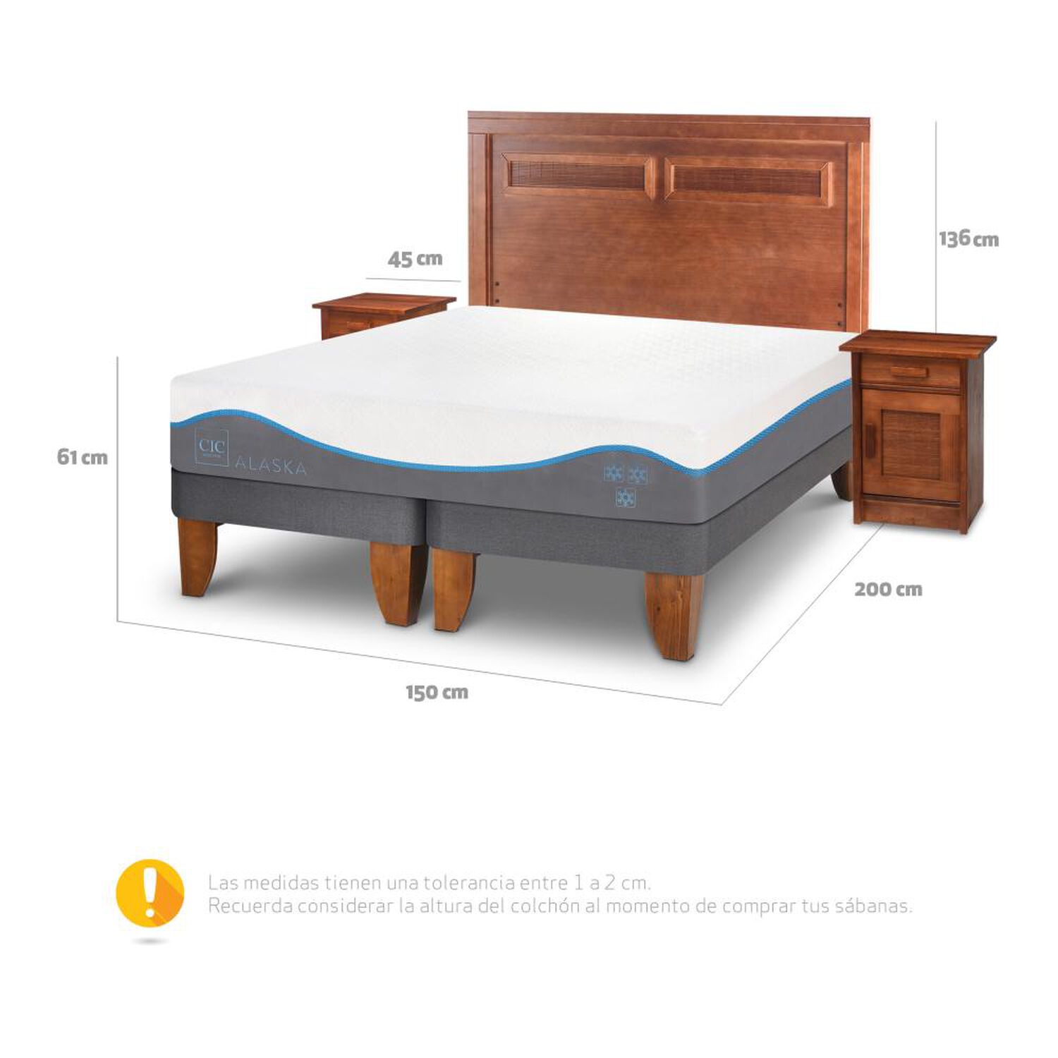 Cama Europea Cic Alaska / 2 Plazas / Base Dividida + Set De Maderas image number 2.0