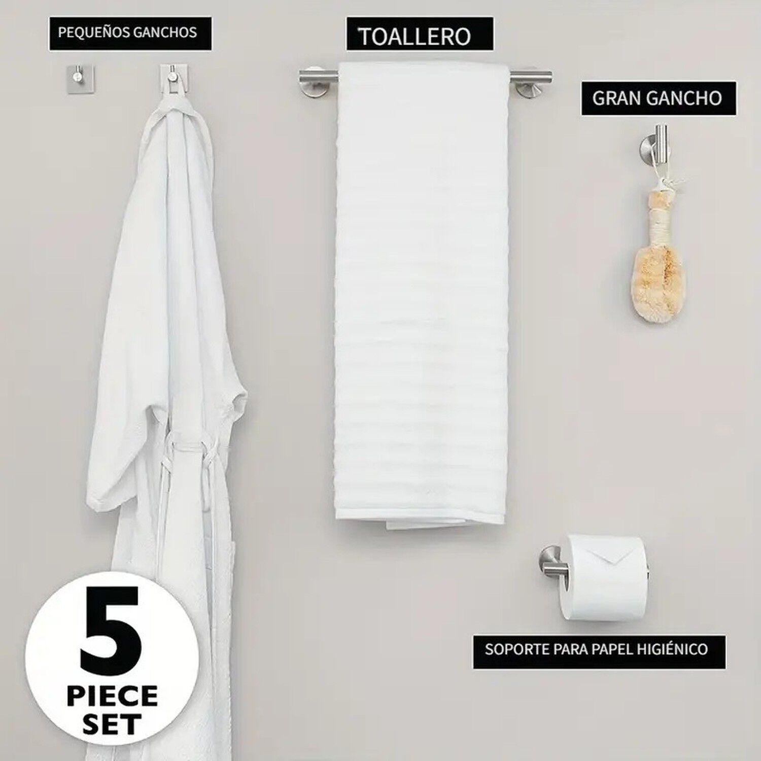 Set 5 Accesorios Ba&ntilde;o Acero Inoxidable Montaje Pared image number 5.0