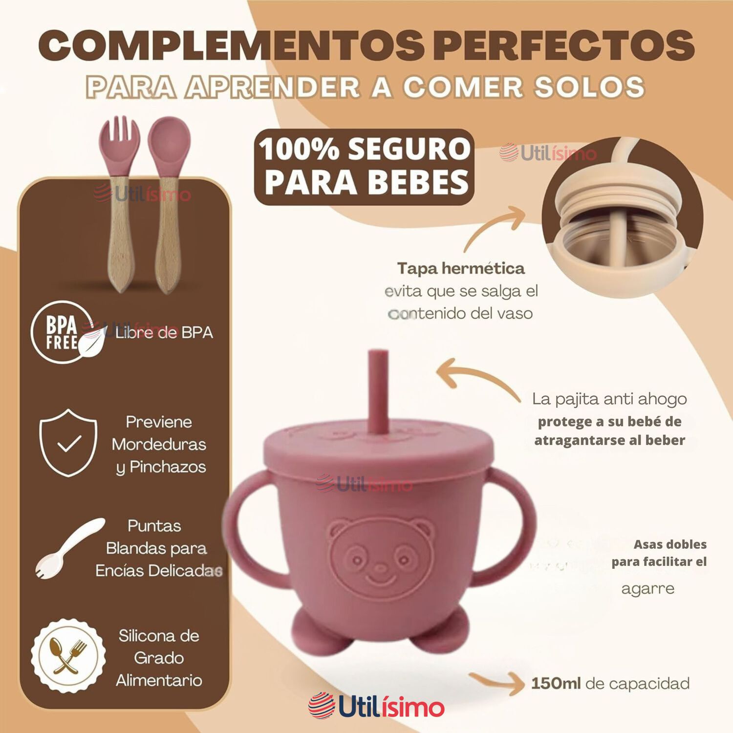 Set De Alimentaci&oacute;n Beb&eacute; Silicona Con Vaso 5 Piezas Libre Bpa Color Rosa Oscuro image number 9.0