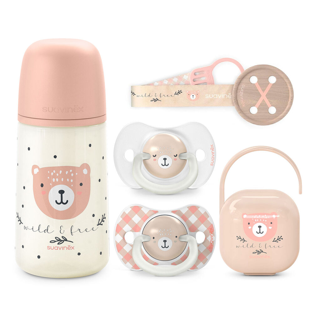 Pack Chupetes + Mamadera 270ml + Broche + Porta Chupetes Wild Rosa 6-18m image number 0.0