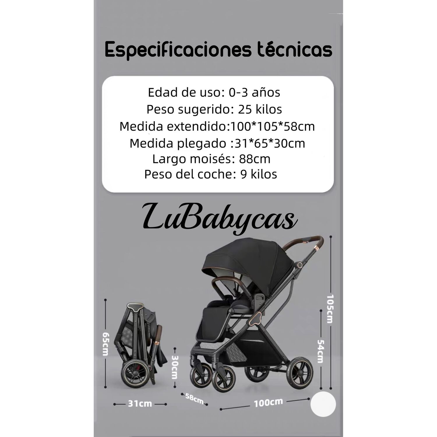 Coche De Paseo Modo Apego Y Panor&aacute;mico Lubabycas Gris image number 6.0