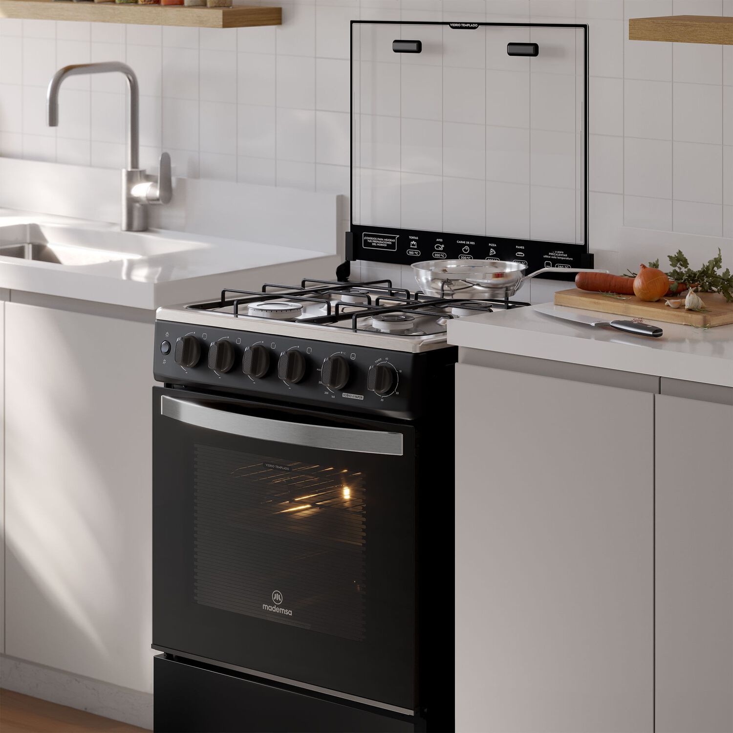 Cocina A Gas 4 Platos Horno Vapor Y Temporizador Fm4tpc Negra image number 7.0