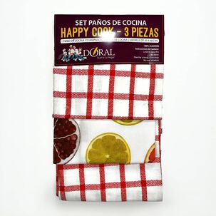 Set 3 Pa&ntilde;os De Cocina Happy Cook Rojo