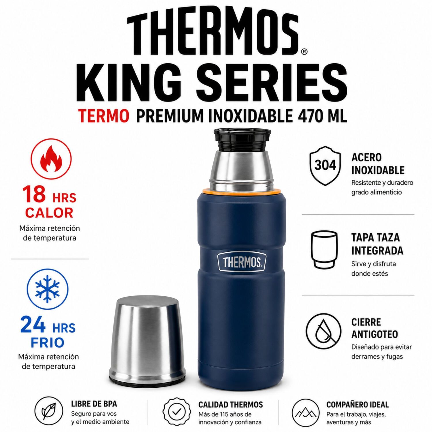 Termo Premium Thermos King Inox Sk2000 470ml 18h/24h Azul image number 5.0