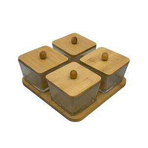 Set 4 Frascos De Vidrio Con Tapa De Bamb&uacute; Y Base De Madera Cuadrado
