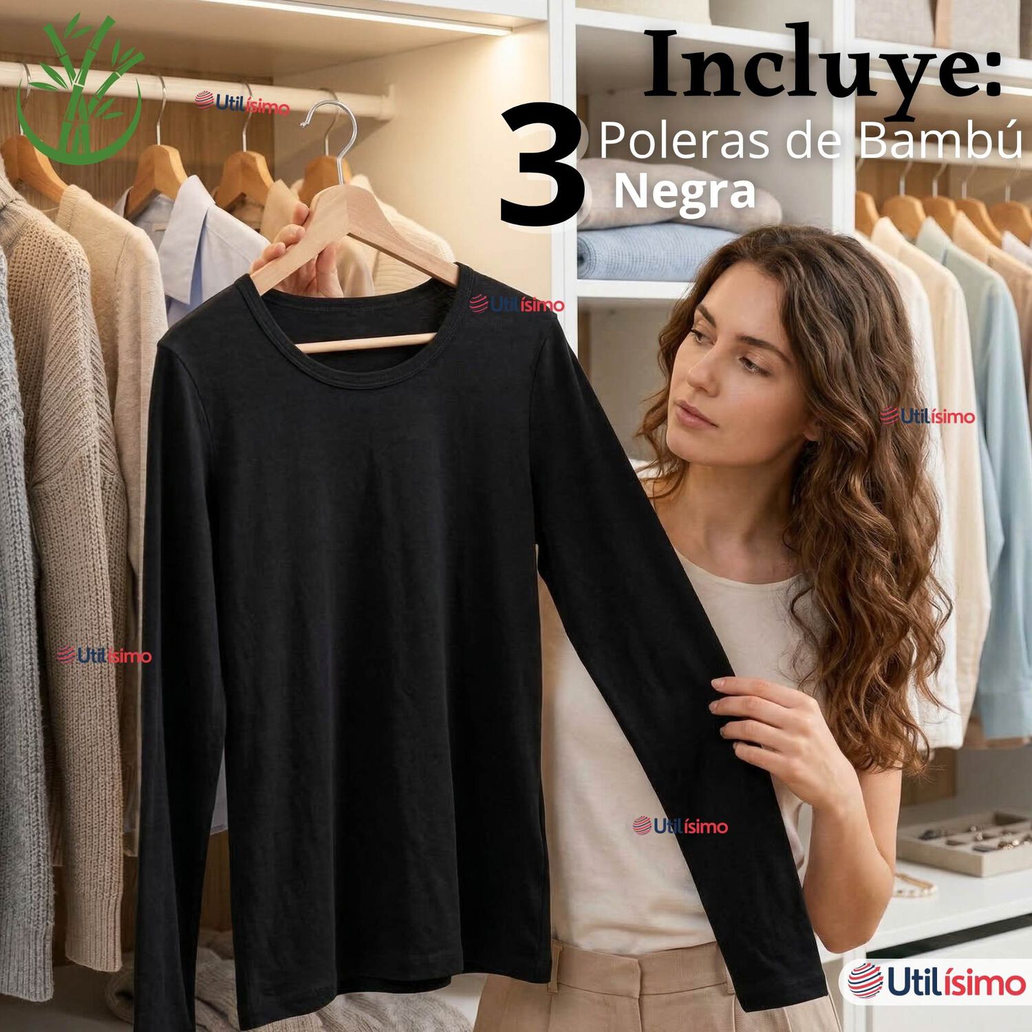 Pack 3 Camisetas Poleras Bamb&uacute; Primera Capa Negro Manga Larga Mujer image number 1.0