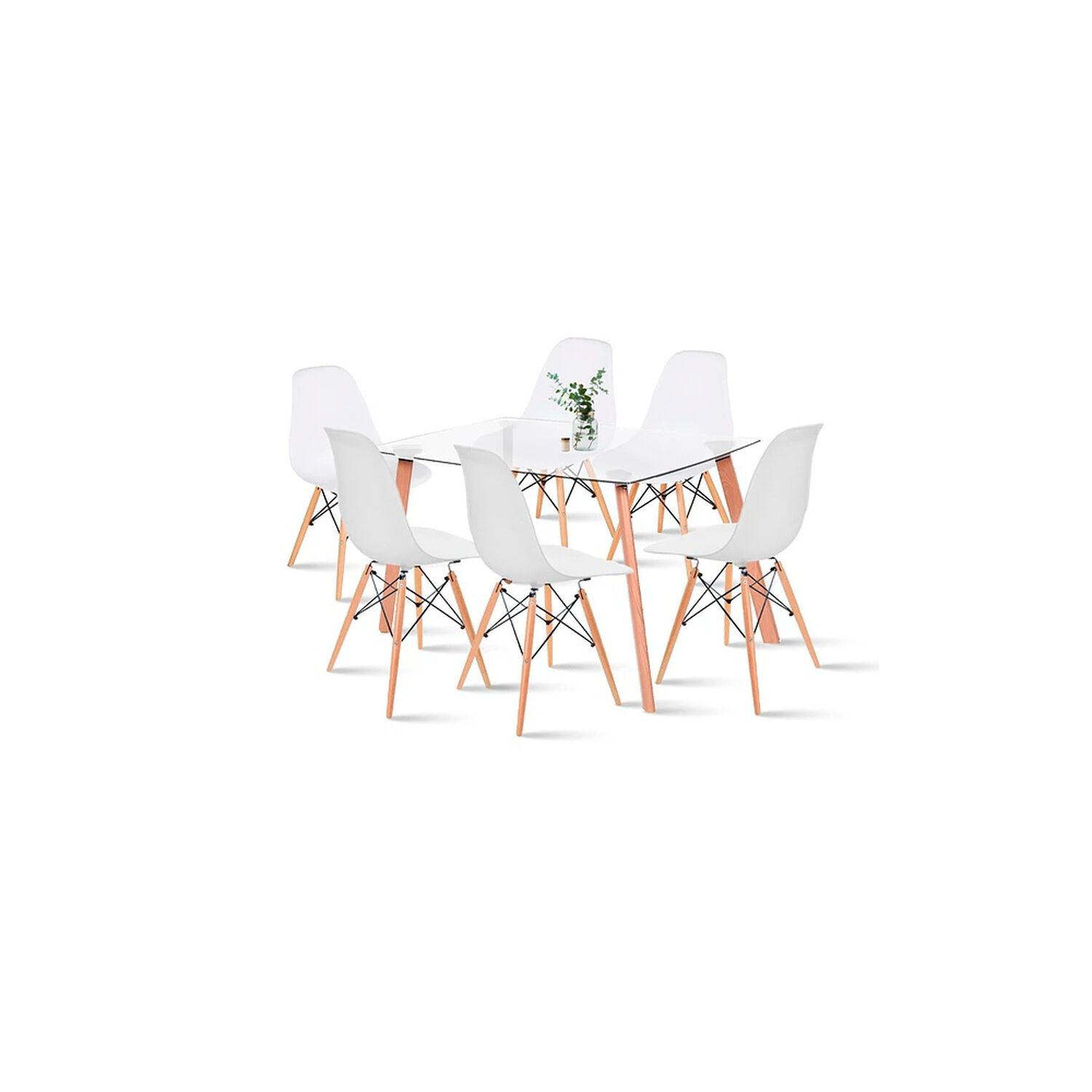 Comedor Mesa De Vidrio N&oacute;rdica 140x90 Cm + 6 Sillas Eames Blancas image number 0.0