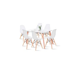 Comedor Mesa De Vidrio N&oacute;rdica 140x90 Cm + 6 Sillas Eames Blancas