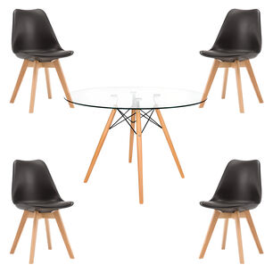 Comedor Mesa Eames Vidrio 100 Cm + 4 Sillas Tulip Negras