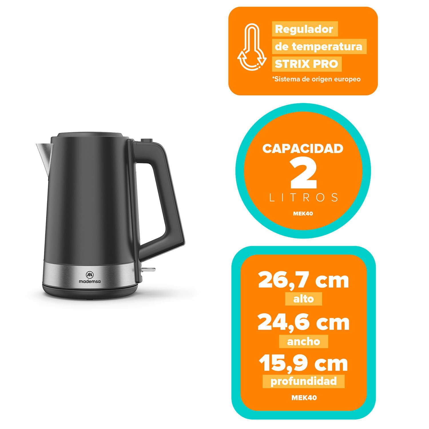 Hervidor El&eacute;ctrico 2l Regulador Temperatura Mek40 Negro image number 1.0