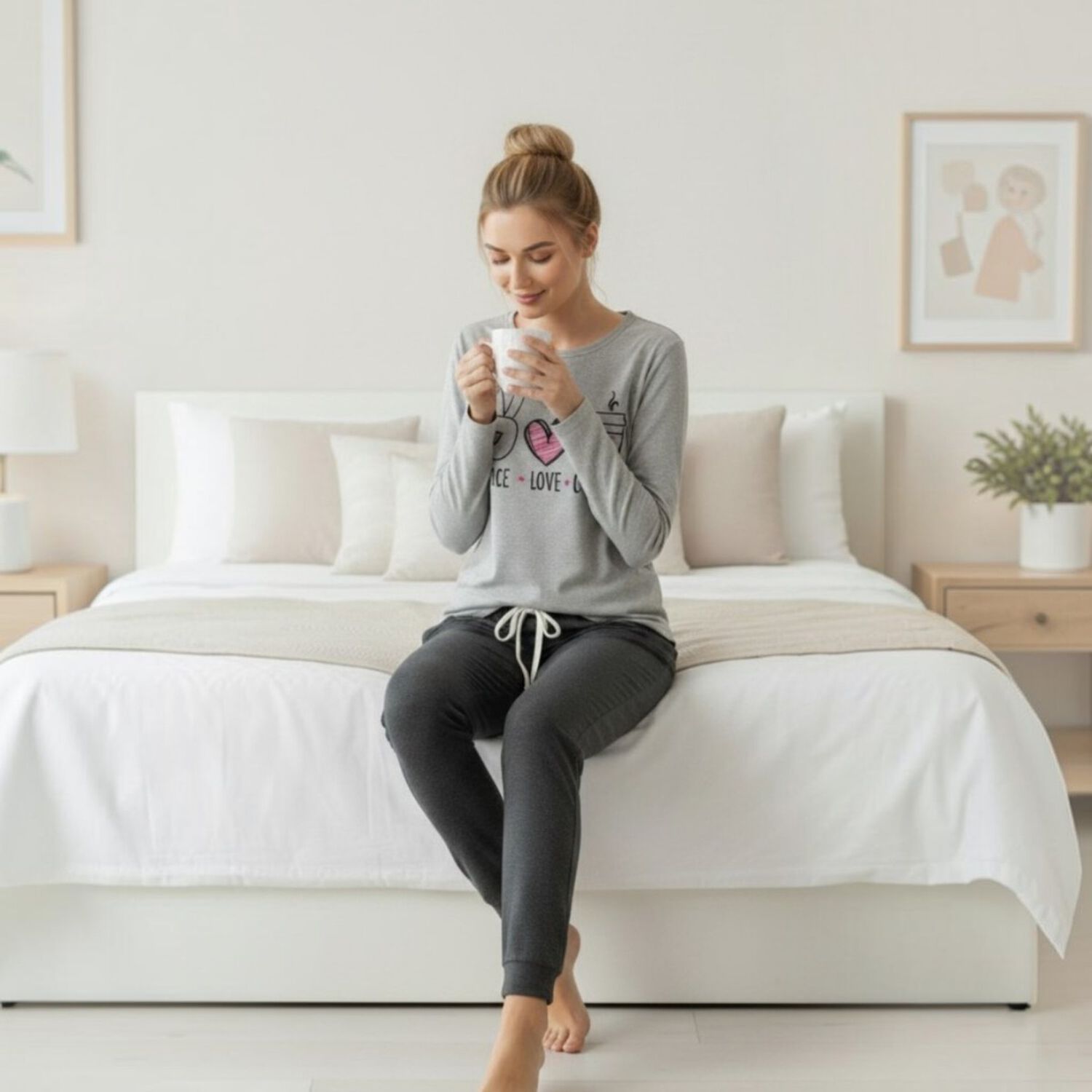 Pijama Mujer Algod&oacute;n Peace Love Coffee Gris image number 2.0