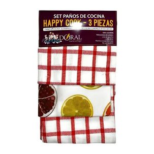 Set 3 Pa&ntilde;os De Cocina Happy Cook Rojo