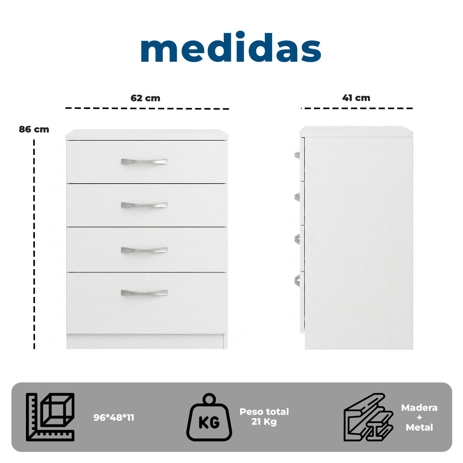 C&oacute;moda Blanca 4 Cajones Mueble Organizador Dormitorio image number 7.0