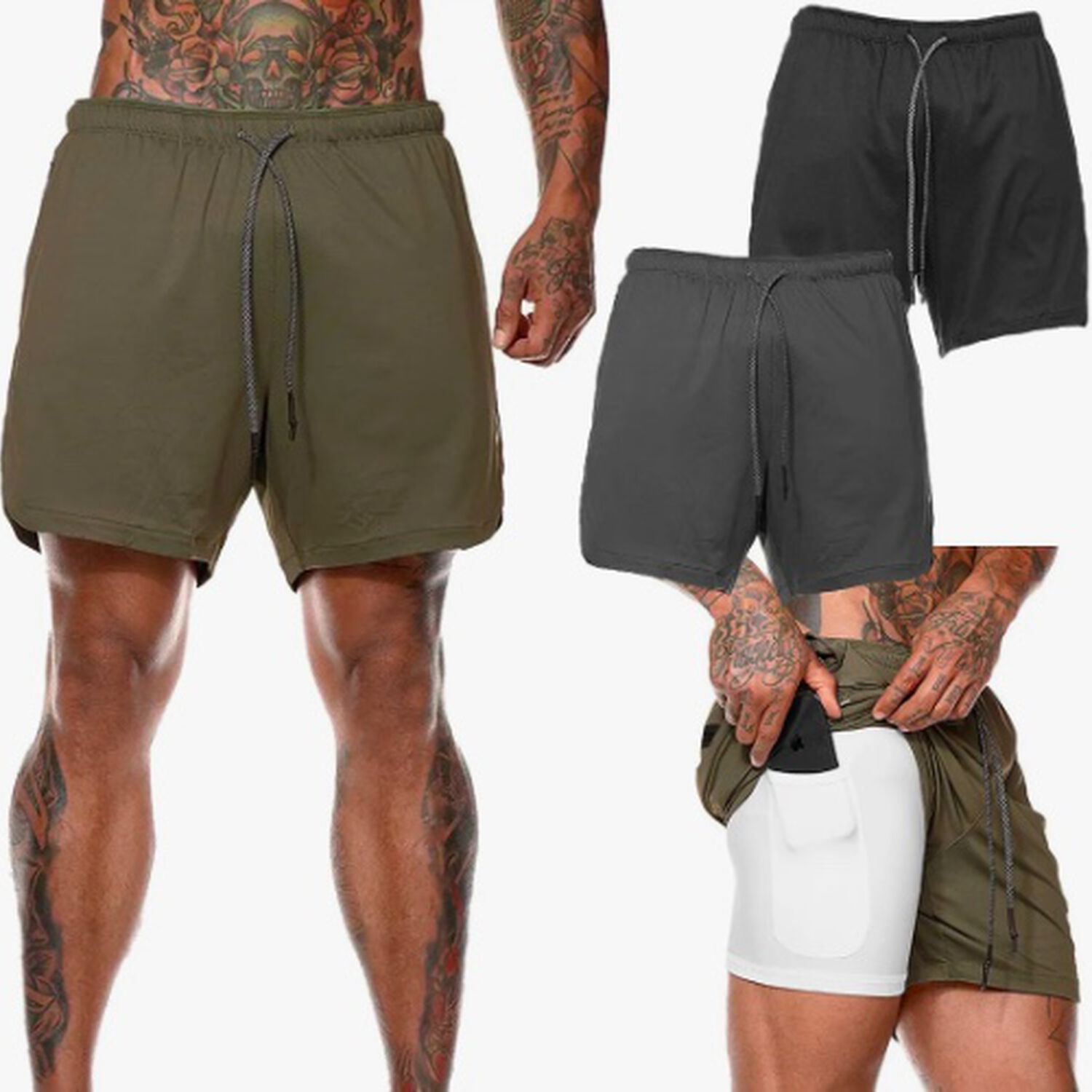 Short Gimnasio Con Licra Deportiva 2 En 1 Hombre Correr Verde M image number 2.0