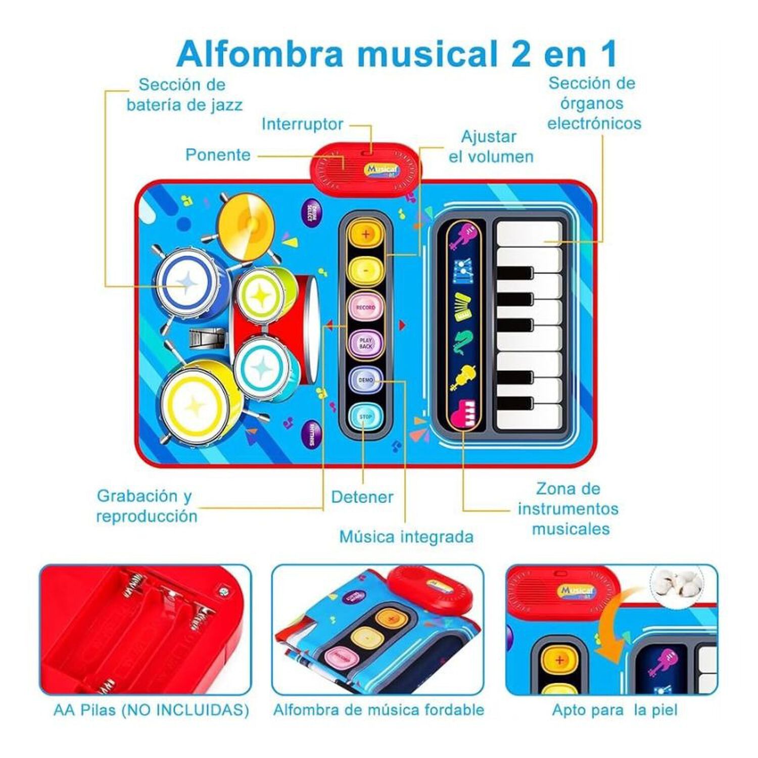 Alfombra Musical 2 En 1 Piano Y Bater&iacute;a Did&aacute;ctica Infantil image number 3.0