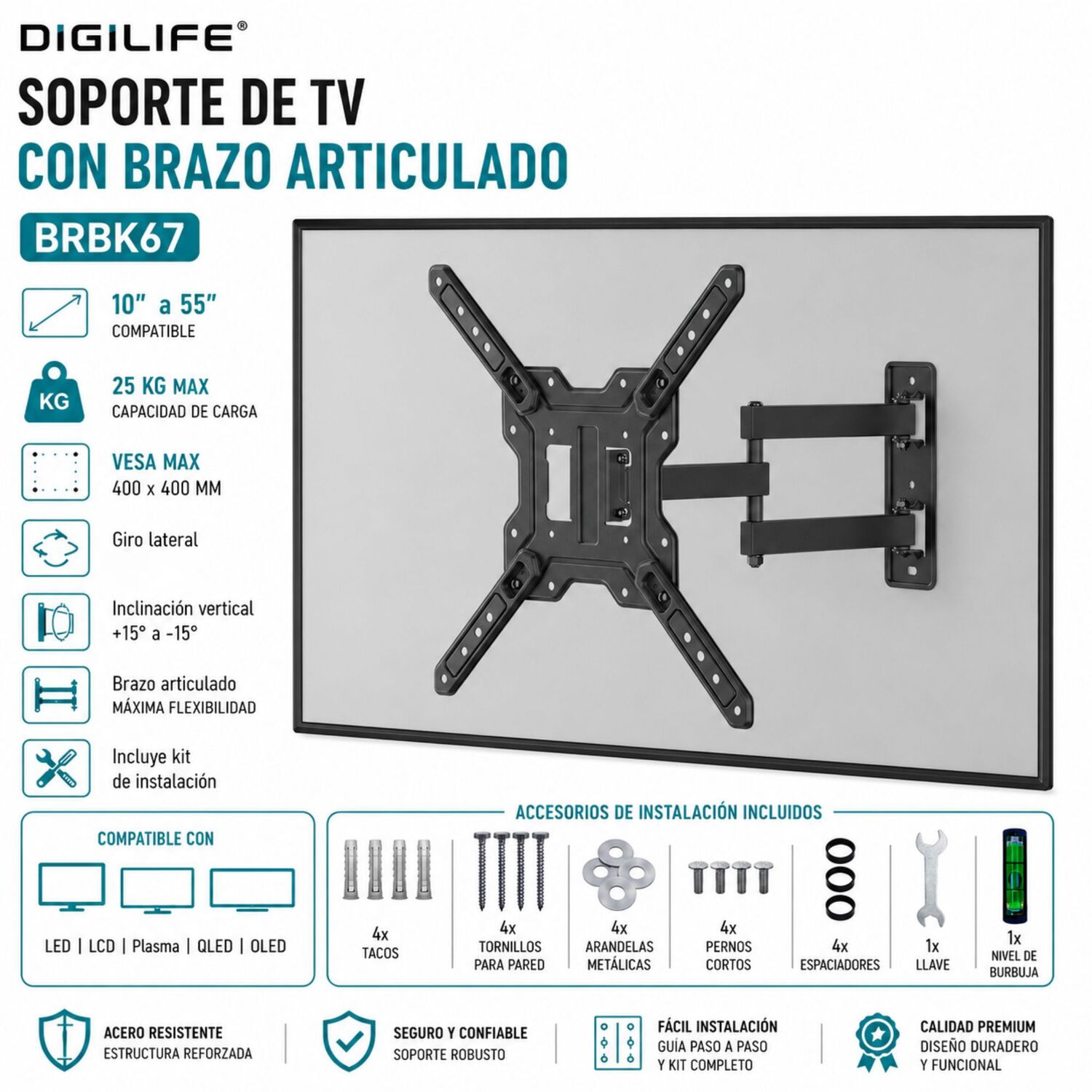 Soporte De Tv Con Brazo Articulado De 32 A 55 Reforzado Dgx image number 7.0
