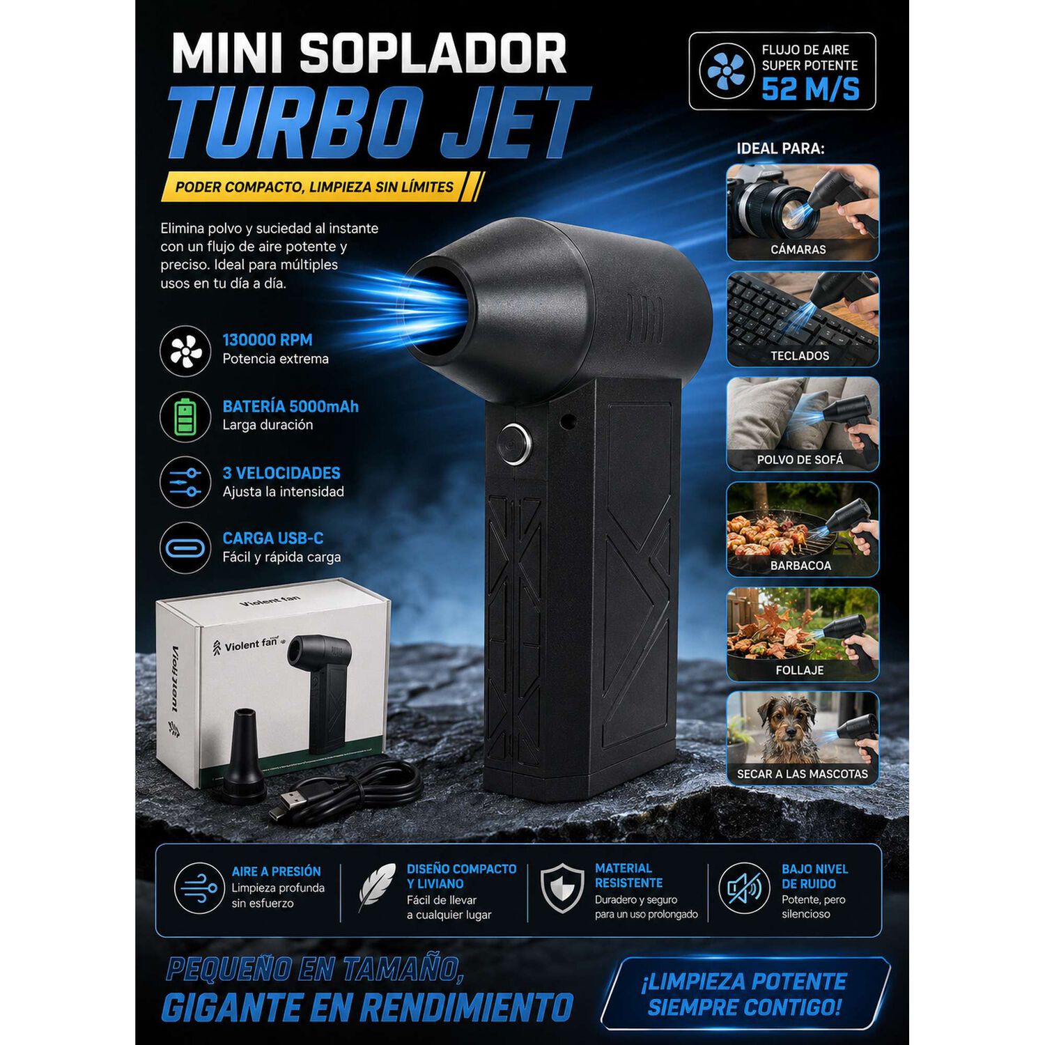 Soplador Port&aacute;til Usb 200w 130000rpm 3 Velocidades image number 8.0