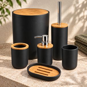 Set De Ba&ntilde;o 6 Piezas Moderno Con Bamb&uacute; Incluye Basurero Y Dispensador Color Negro