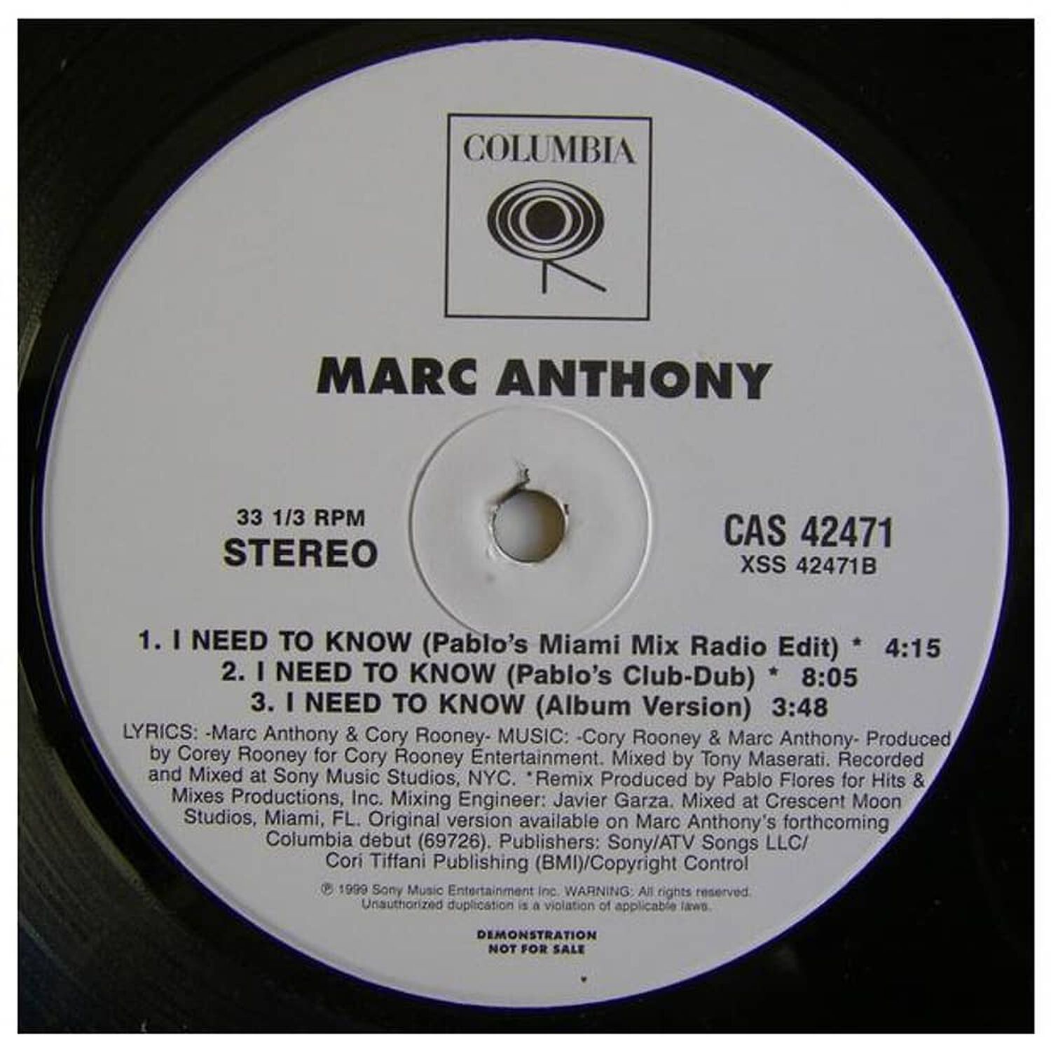 Marc Anthony - I Need To Know (promo) | 12" Maxi Single Usado image number 0.0