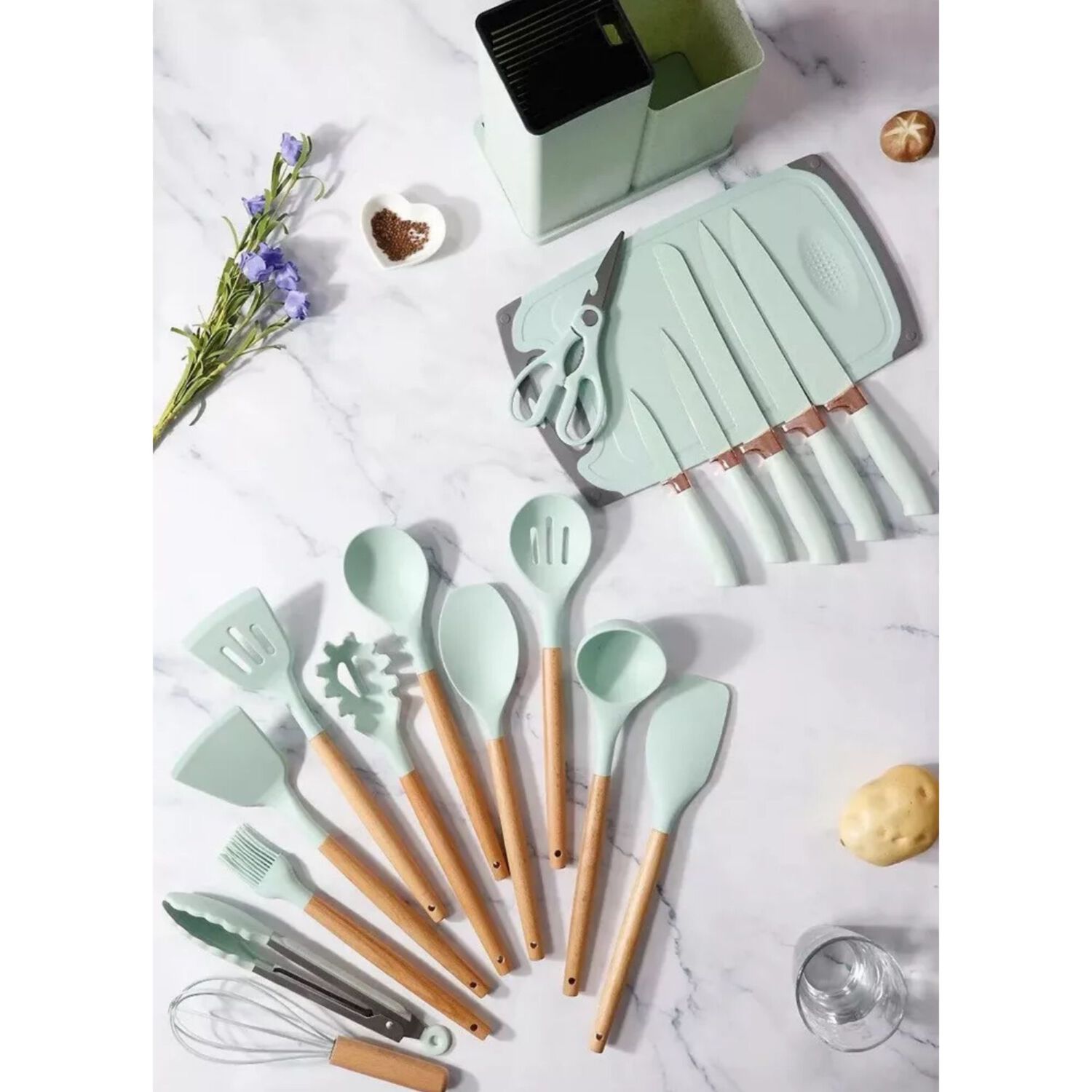 Set 19 Utensilios Cocina Silicona Acero Inoxidable Verde image number 3.0