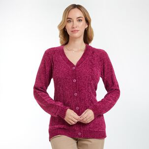 Sweater Chenille Trenzado Abotonado Con Bolsillo Cuello V Mujer Geeps