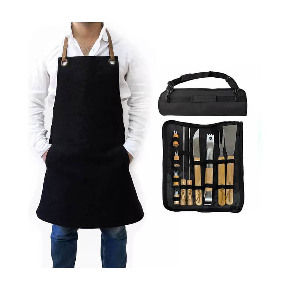 Pack Set Asado Parrilla 10 Uds + Pechera Jeans Asa Eco Cuero image number 0.0