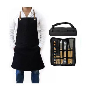 Pack Set Asado Parrilla 10 Uds + Pechera Jeans Asa Eco Cuero