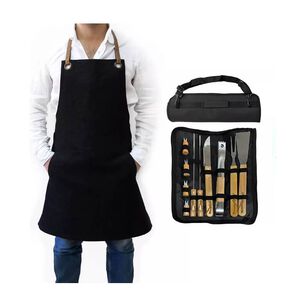 Pack Set Asado Parrilla 10 Uds + Pechera Jeans Asa Eco Cuero