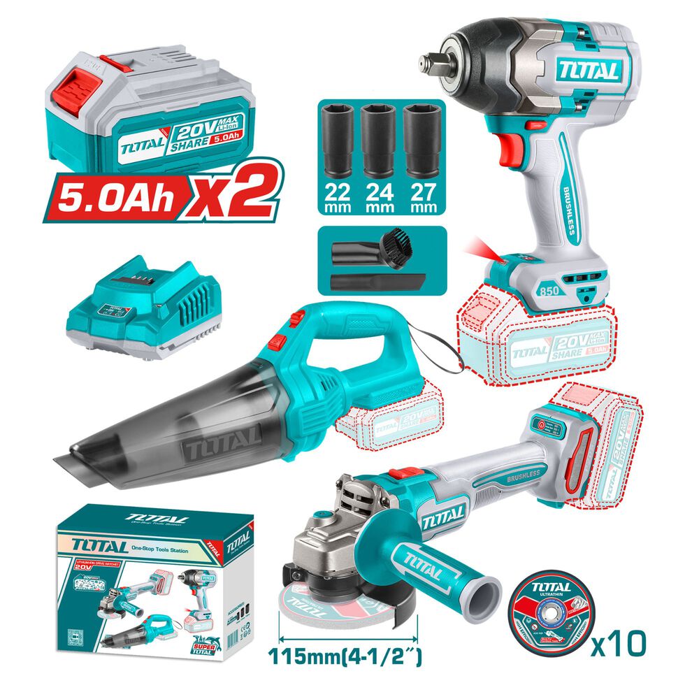 Kit Llave De Impacto 850 Nm, Aspiradora, Esmeril Inalámbrico Y 2 Baterías Total image number 0.0