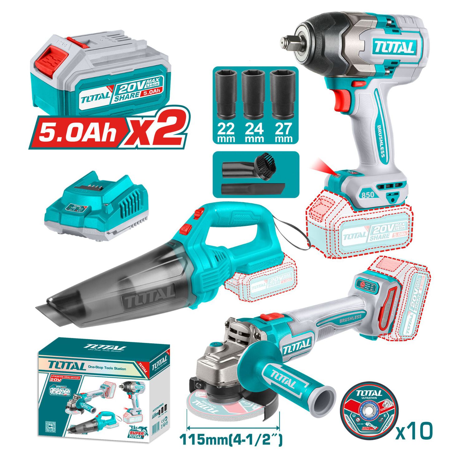 Kit Llave De Impacto 850 Nm, Aspiradora, Esmeril Inal&aacute;mbrico Y 2 Bater&iacute;as Total image number 0.0