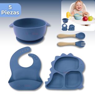 Set De Alimentaci&oacute;n Beb&eacute; Silicona 5 Piezas Dinosaurio Libre Bpa Color Azul