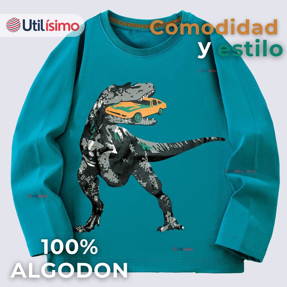 Polera Manga Larga Ni&ntilde;o 100% Algod&oacute;n Dinosaurio Verde Camiseta image number 1.0