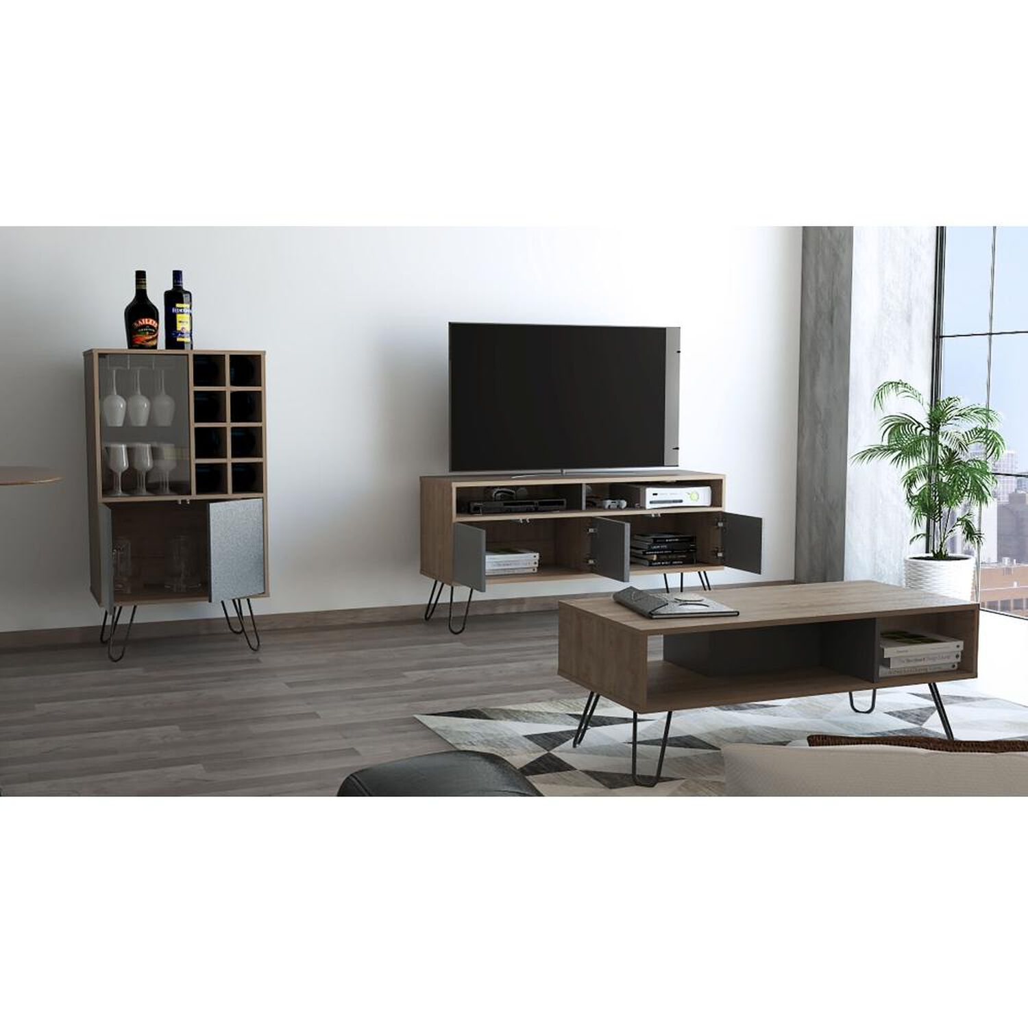 Rack Tv 55" + Bar 3 Puertas + Mesa Centro Vassel - Miel / Plomo Tuhome image number 1.0