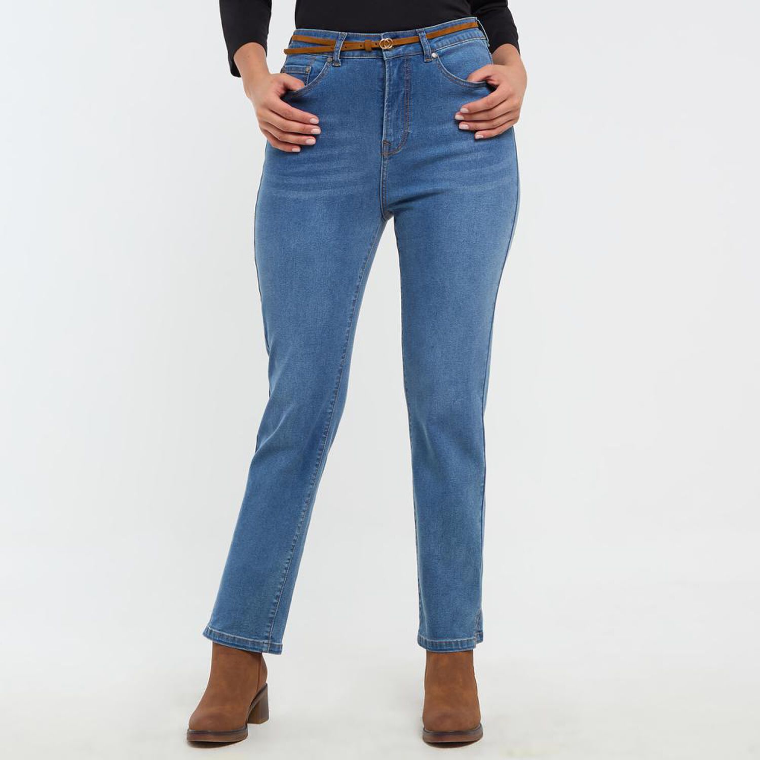 Jeans Lavado Con Cintur&oacute;n Tiro Medio Skinny Mujer Sexy Large image number 0.0