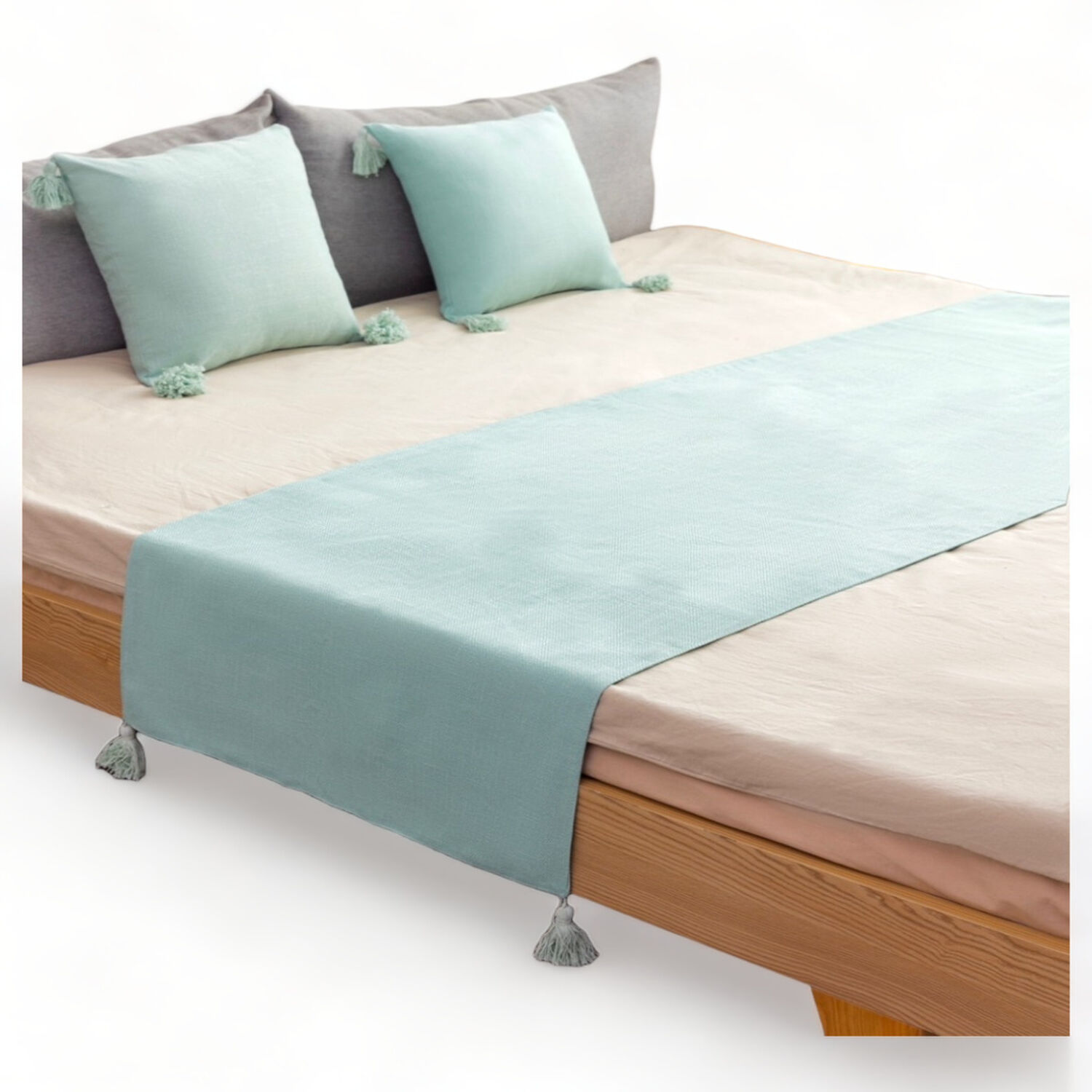 Pie De Cama En Lino 210cm X 70cm + 2 Fundas 45cm X 45xm Para Cama 2 Plaza O King Color Menta image number 0.0