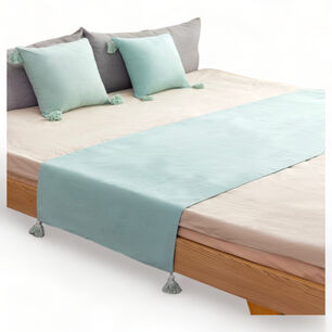 Pie De Cama En Lino 210cm X 70cm + 2 Fundas 45cm X 45xm Para Cama 2 Plaza O King Color Menta