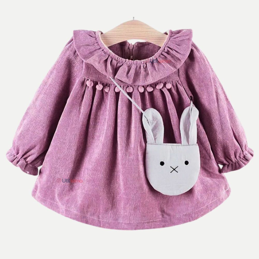 Vestido De Cotelé Con Bolso Conejo Forrado En Plush Niña Color Lila image number 0.0